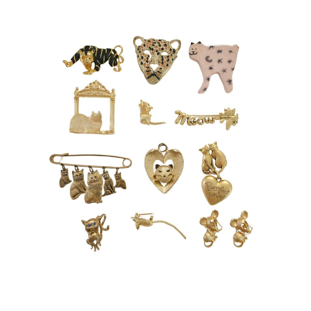 Vintage Cat and Mouse Brooch Lot of 13, Vintage Lapel Pin Bundle